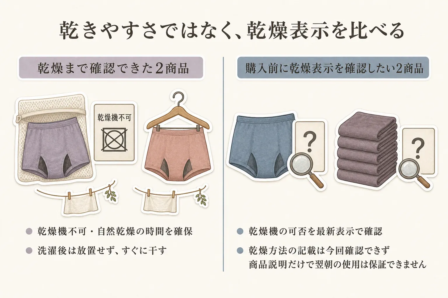 乾きやすさではなく乾燥表示を比べる図。乾燥機不可と自然乾燥の時間確保、洗濯後すぐ干す注意まで確認できた2商品と、乾燥機の可否・乾燥方法を購入前に最新表示で確認したい2商品を示している。