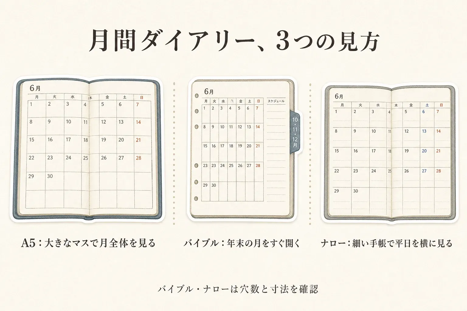 月間ダイアリーのA5・バイブル・ナローの3形式を比べる図。A5は見開き1か月・6段表記で予定と休む候補日を広く書き込み、バイブルは見開き1か月のブロック式カレンダーと縦型欄・インデックスで年末の月を探し、ナローは170×80mmの細いリフィルで平日の予定を横に見渡す使い方を示している。