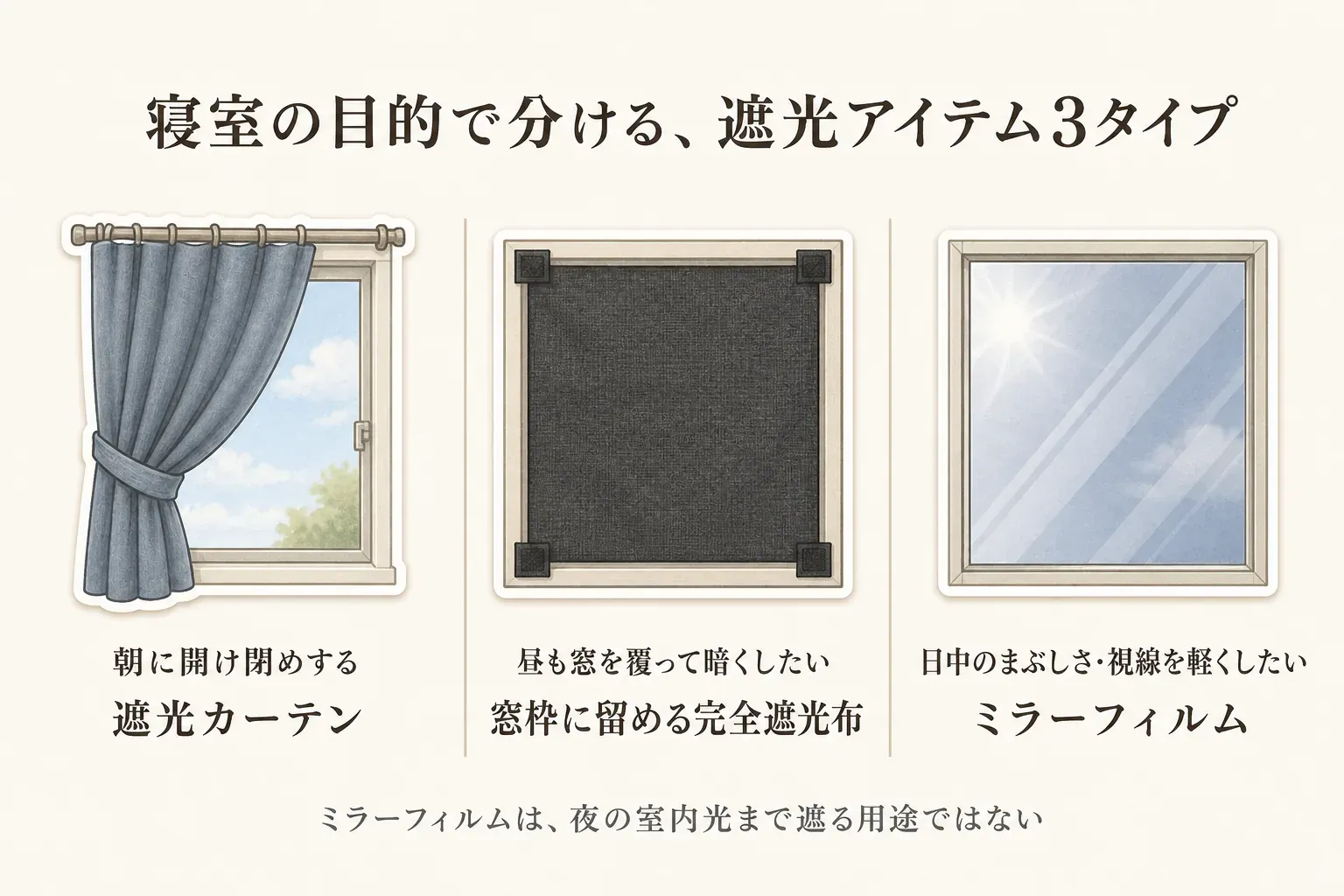 寝室の目的で遮光アイテムを選び分ける図。朝に開け閉めする窓には遮光カーテン、昼も窓を覆って暗くしたい場合には窓枠に留める完全遮光布、日中のまぶしさや視線を軽くしたい場合にはミラーフィルムを示し、ミラーフィルムは夜の室内光まで遮る用途ではないことを説明している。