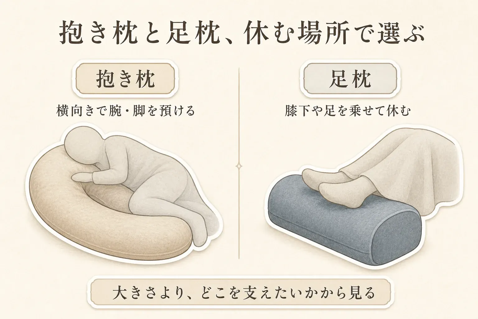 抱き枕と足枕を休む場所で選ぶ図。抱き枕は横向きで腕・脚を預け、足枕は膝下や足を乗せて休む使い方をイラストで比較し、大きさよりどこを支えたいかから見ることを示している。