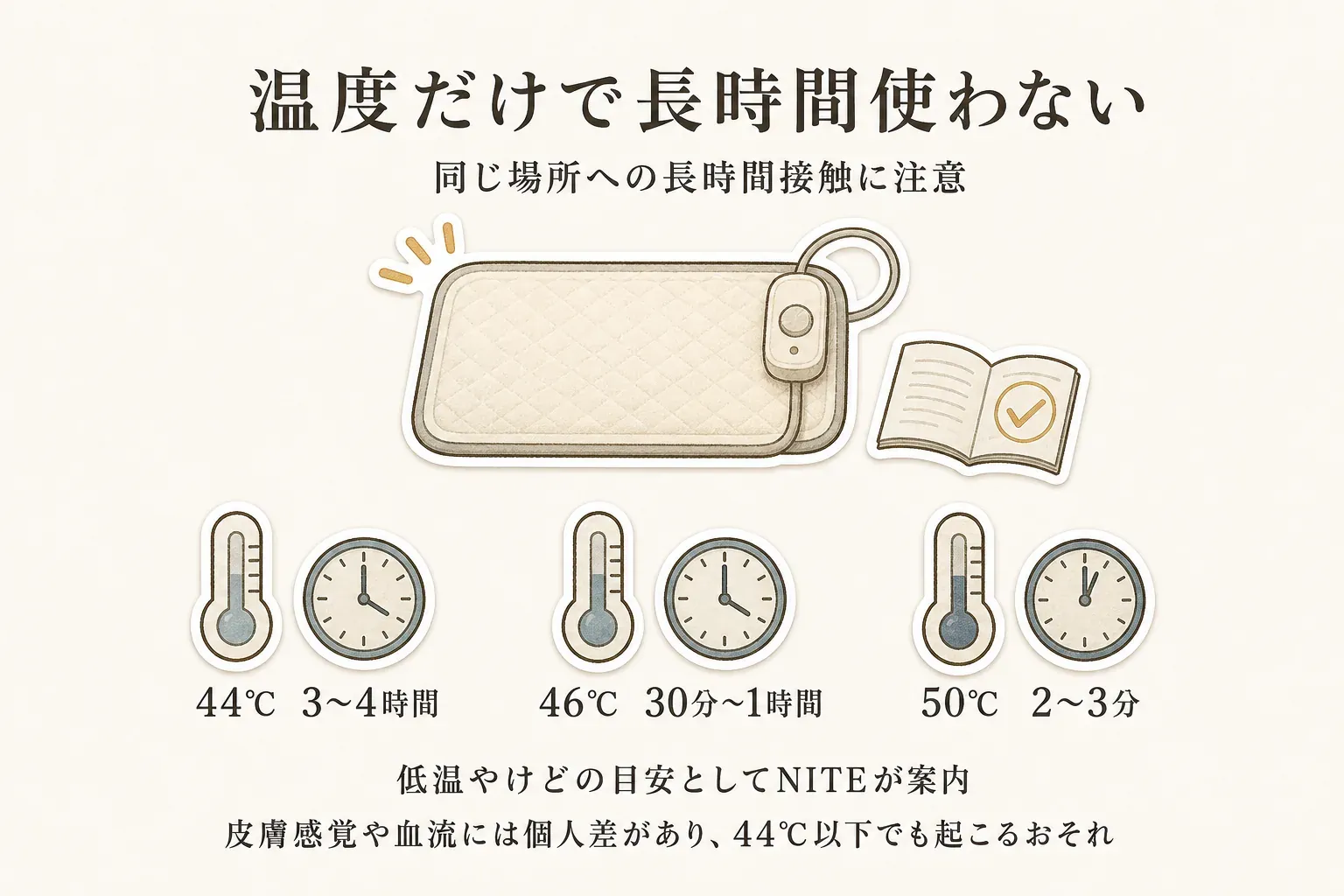 電気フットウォーマーなどで起こる低温やけどの注意を示す図。NITEの事故情報として、44℃で3〜4時間、46℃で30分〜1時間、50℃で2〜3分の接触で低温やけどになると言われる目安と、同じ場所への長時間接触を避け、温度設定や自動オフだけで安全と判断しないことを描いている。