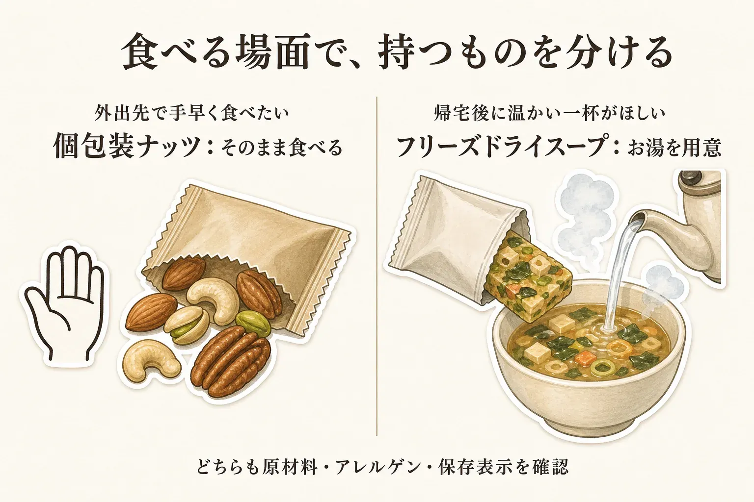 個包装ナッツとフリーズドライスープを食べる場面で分ける図。外出先で手早く食べたいときはそのまま食べられる個包装ナッツ、帰宅後に温かい一杯がほしいときはお湯を用意するフリーズドライスープを示し、どちらも原材料・アレルゲン・保存表示を確認するよう案内している。