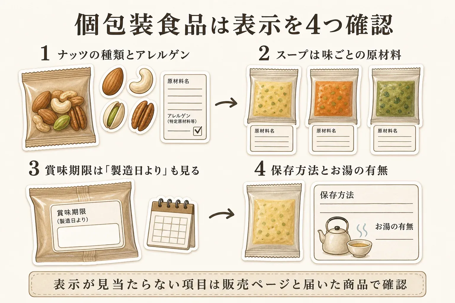 個包装食品で確認する4つの表示を示す図。ナッツは種類とアレルゲン、スープは味ごとの原材料、賞味期限は「製造日より」の記載、保存方法とお湯の有無を確認し、表示が見当たらない項目は販売ページと届いた商品のパッケージで確認するよう案内している。
