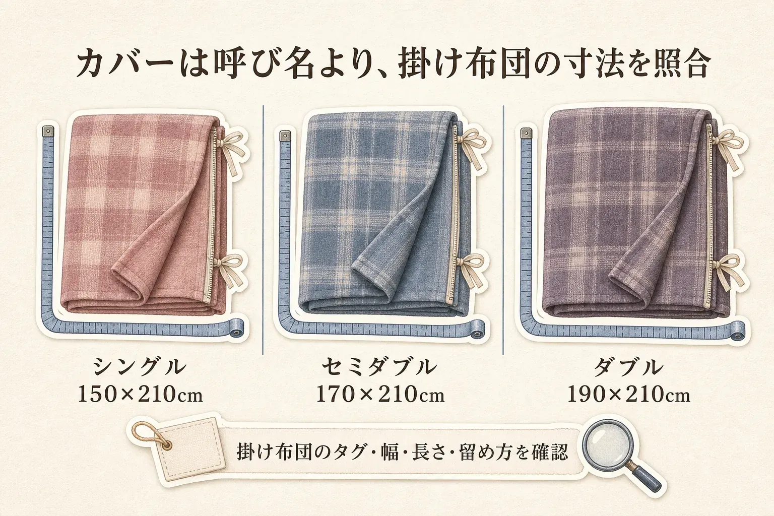 フランネル掛け布団カバーの寸法を照合する図。シングル150×210cm、セミダブル170×210cm、ダブル190×210cmのカバーを並べ、掛け布団のタグ、幅、長さ、留め方を確認することを示している。