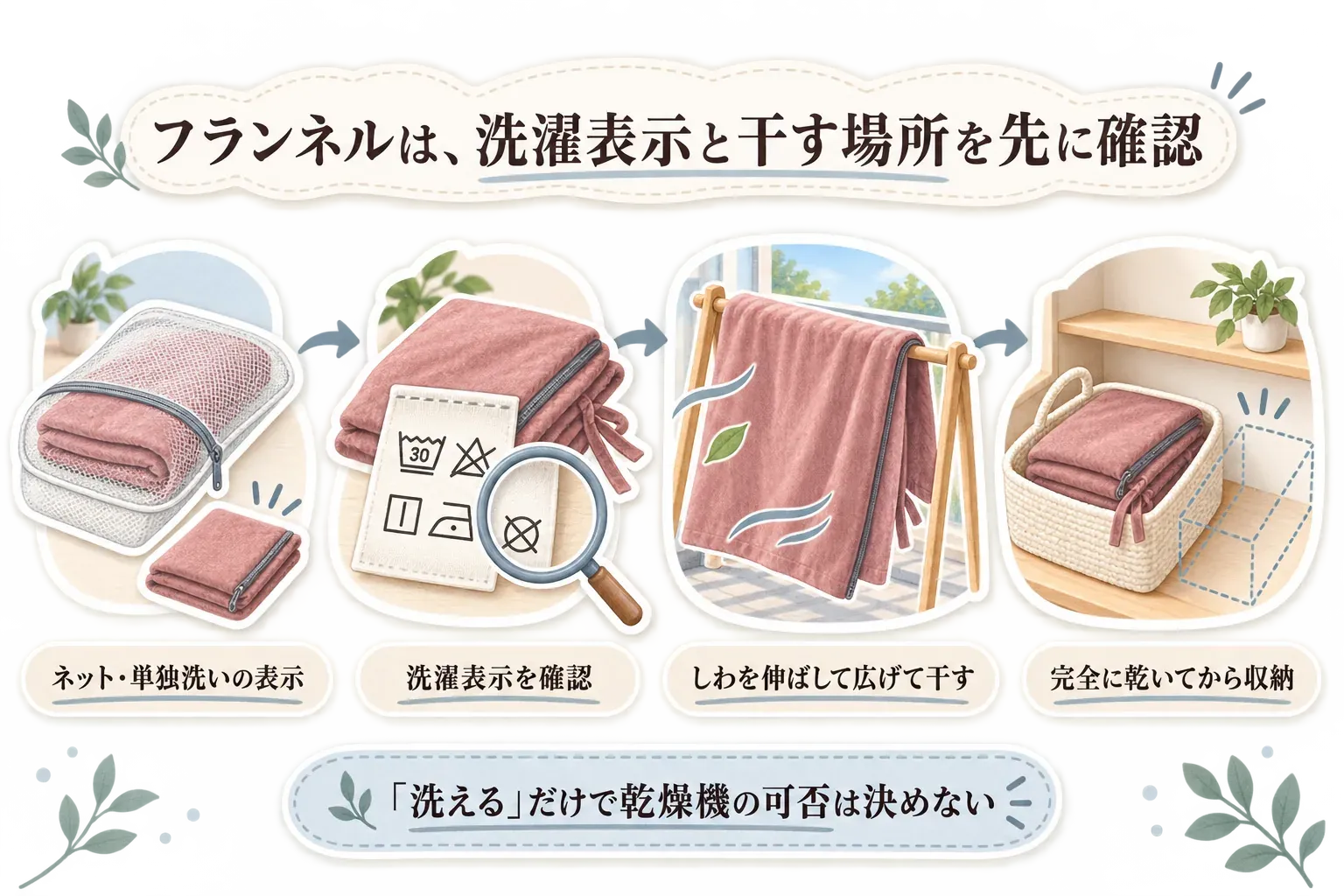 フランネル掛け布団カバーの洗濯から収納までを示す図。ネット・単独洗いの表示と洗濯表示を確認し、しわを伸ばして広げて干し、完全に乾いてから収納する流れと、「洗える」だけで乾燥機の可否を決めないことを示している。