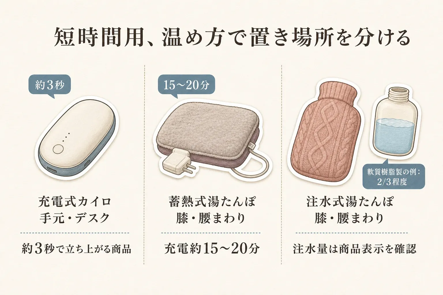 短時間用の温め方と置き場所を比べる図。充電式カイロは手元・デスクで約3秒で立ち上がる商品があり、蓄熱式湯たんぽは膝・腰まわりで充電約15〜20分、注水式湯たんぽは膝・腰まわりで使い、軟質樹脂製の例では2/3程度まで注水して商品表示を確認することを示している。