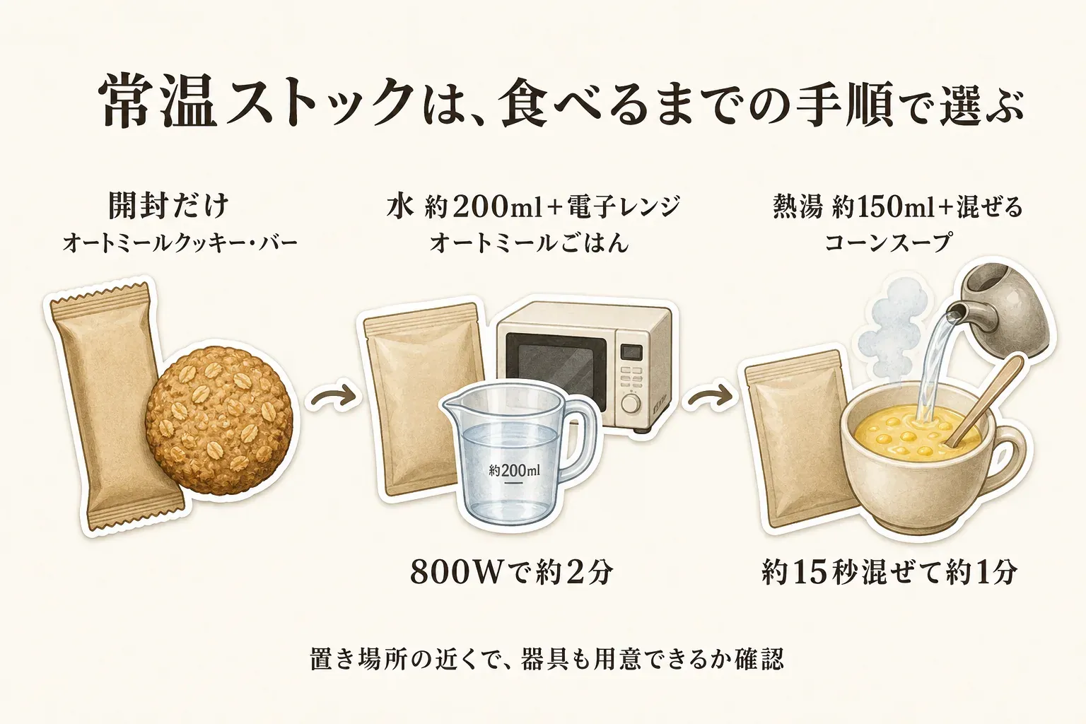 冬の帰宅が遅い日に常温で置ける食品の準備ルートを示す図。そのまま食べたい場合は個包装オートミールのクッキー・バー、電子レンジと水を使える場合はオートミールごはん、お湯とカップを用意できる場合はコーンスープを選ぶ流れを示している。