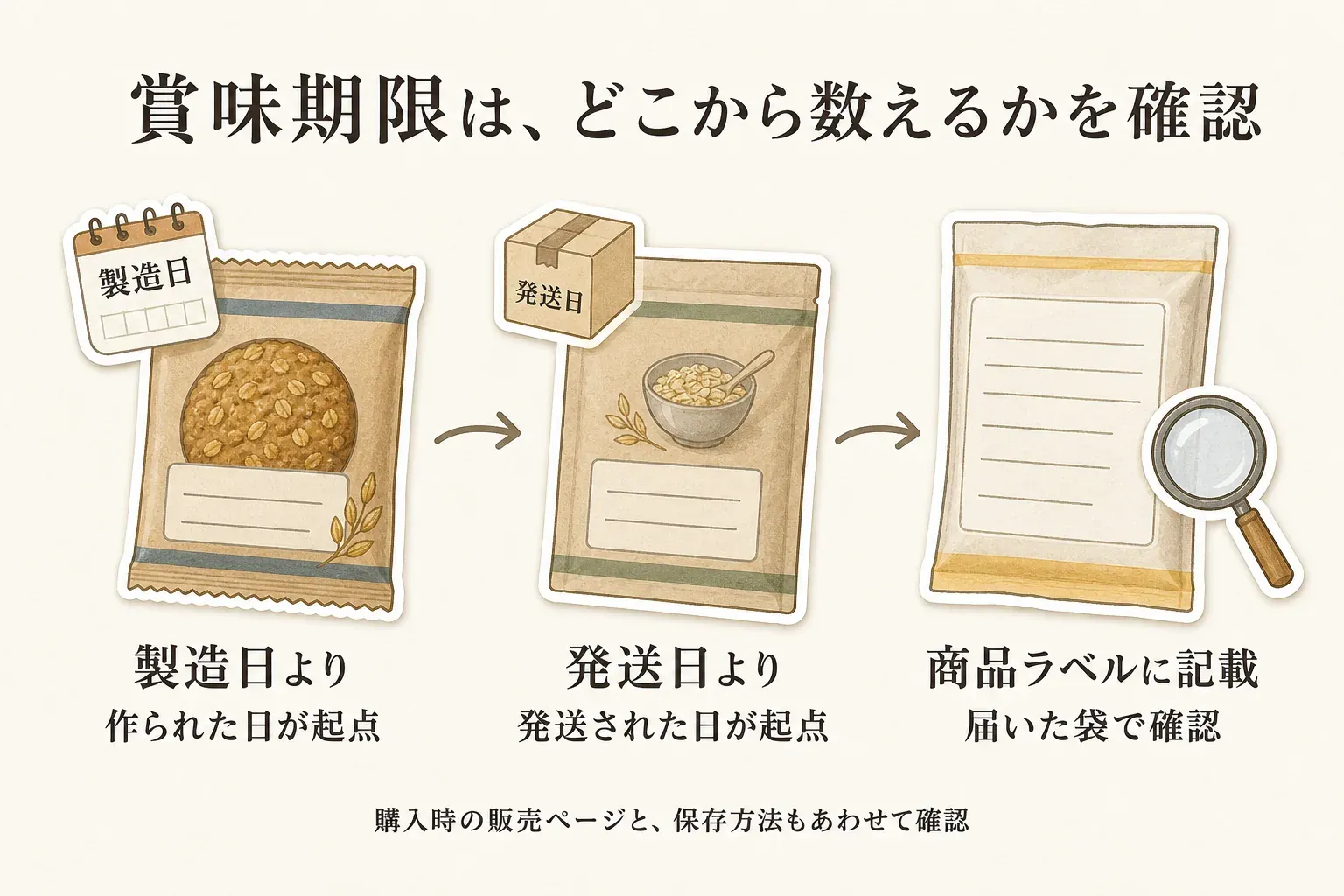 個包装オートミールとコーンスープの賞味期限を確認する基準を示す図。「製造日より」「発送日より」「商品ラベルに記載」の3つの起点を区別し、保存方法を守ったうえで購入時と到着時に販売ページ・パッケージを確認する流れを示している。出典：消費者庁「食品の期限表示に関する情報」。